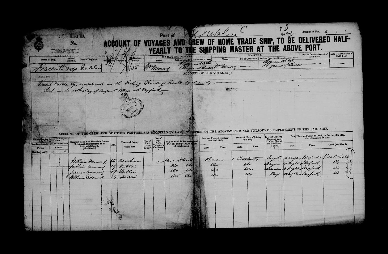 Dublin Shipping Record 1864 listing William Memery born Brixham, c 1815